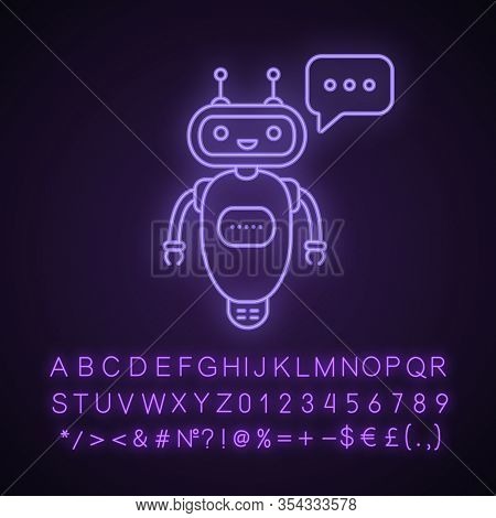 Chatbot Typing Answer Neon Light Icon. Talkbot With Three Dots In Speech Bubble. Modern Robot. Proce