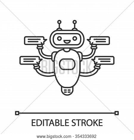 Chatbot With Four Speech Bubbles Linear Icon. Thin Line Illustration. Talkbot Chatting To Several Us