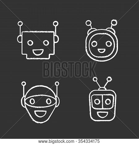 Chatbots Chalk Icons Set. Talkbots. Laughing Virtual Assistants Collection. Modern Robots. Conversat