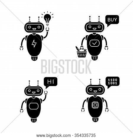 Chatbots Glyph Icons Set. Talkbots. Virtual Assistants. New Idea, Buy, Hi, Code Chat Bots. Modern Ro