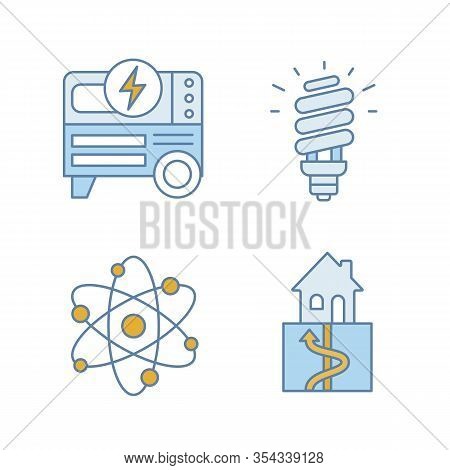Electric Energy Color Icons Set. Portable Power Generator, Compact Fluorescent Lamp, Geothermal And 