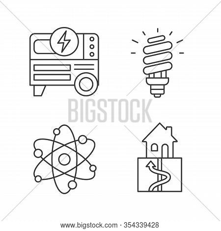 Electric Energy Linear Icons Set. Portable Power Generator, Compact Fluorescent Lamp, Geothermal And