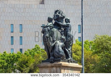 Barcelona, Spain - May 16, 2017: Sculptures On The Catalonia Square Of The Cow With A Crop (represen