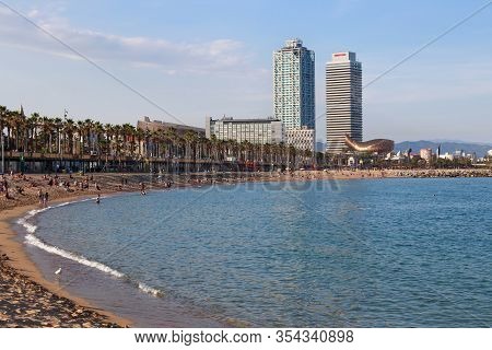 Barcelona, Spain - May 16, 2017: View Of The City Beach In Barcelona On The Mediterranean Sea. With 