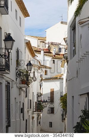 Altea, Spain - March 05, 2020: Beautiful View Of Authentic Altea Old Town Street. Altea, Province Of