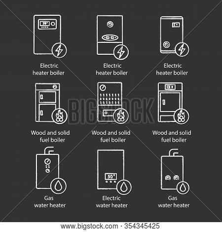 Heating Chalk Icons Set. Gas, Electric, Solid Fuel, Boilers And Water Heater. Commercial, Industrial