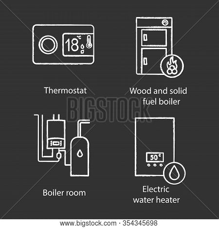Heating Chalk Icons Set. Digital Thermostat, Solid Fuel Boiler, Boiler Room, Electric Water Heater. 
