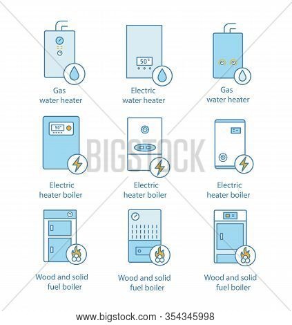 Heating Color Icons Set. Gas, Electric, Solid Fuel, Boilers And Water Heater. Commercial, Industrial