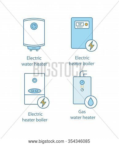 Heating Color Icons Set. Central Heating System. Electric And Gas Water Heater And Heating Boilers. 