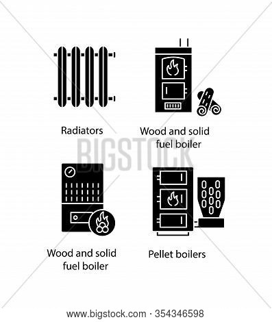 Heating Glyph Icons Set. Radiator, Firewood And Pellet Boiler, Solid Fuel Heater. Silhouette Symbols