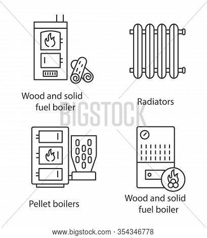 Heating Linear Icons Set. Radiator, Firewood And Pellet Boiler, Solid Fuel Heater. Thin Line Contour