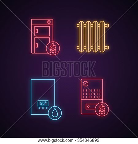 Heating Neon Light Icons Set. Solid Fuel Boiler, Radiator, Gas Water Heater. Glowing Signs. Vector I