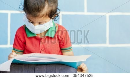Covid 19 Or Coronavirus And Air Pollution Pm2.5 Concept - Little Girl Wearing Medical Mask And Busy 