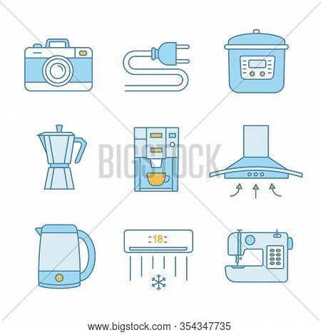 Household Appliance Color Icons Set. Photo Camera, Wire Plug, Multi Cooker, Coffee Maker, Range Hood