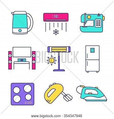 Household Appliance Color Icons Set. Electric Kettle, Air Conditioner, Sewing Machine, Home Theater,