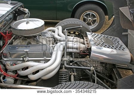 Vintage Car Engine Under The Auto Bonnet