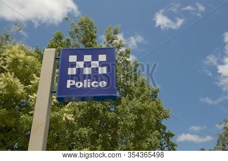 Eumundi, Queensland, Australia - 1st February 2020: View Of The Australian Police Sign Against A Blu
