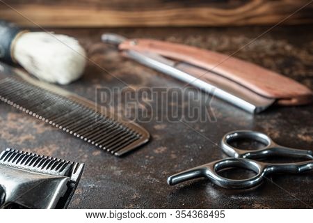 Vintage Barber Tools: Dangerous Razor, Hairdressing Scissors, Old Manual Clipper, Metal Comb, Shavin