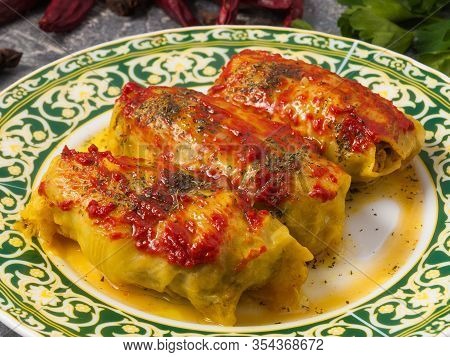 Stuffed Cabbage With Meat And Tomato . Close Up