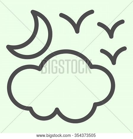 Halloween Cloudy Night Line Icon. Scary Half Moon With Clouds And Birds Outline Style Pictogram On W