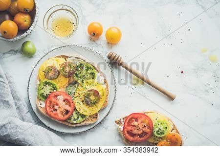 Italian Appetizer Friselle With Tomatoes, Cheese And Thyme. Italian Cuisine. Healthy Vegetarian Food
