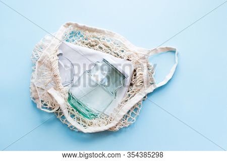 Reusable Cotton Bags And Glass Jars On A Blue Background. Zero Waste Shopping. Sustainable Living, P