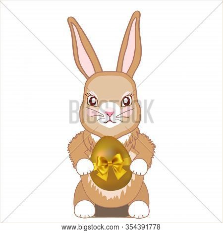 Cute Rabbit Holds In Its Paws An Gold Easter Egg. Cartoon Animal Vector Illustration.