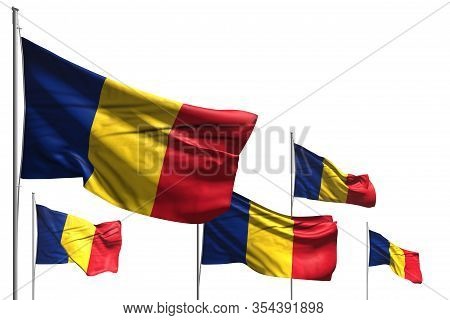 Wonderful Day Of Flag 3d Illustration
 - Five Flags Of Romania Are Wave Isolated On White
