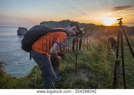 Hendaye, Lapurdi / France »; February 2018: A Photographer Photographing The Sunrise In Hendaye