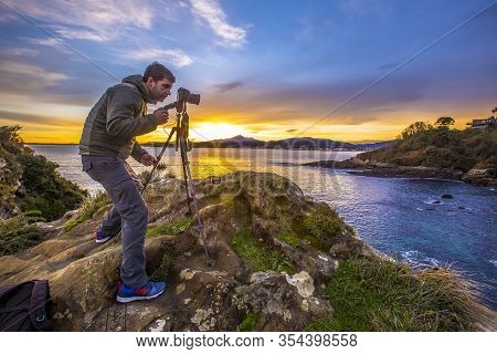 Fuenterrabia, Guipuzcoa / Spain »; February 2018: A Photographer Enjoying The Sunrise In Fuenterrabi