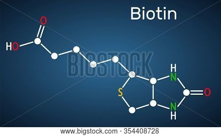 Biotin, Vitamin B7 Molecule. Structural Chemical Formula On The Dark Blue Background. Illustration
