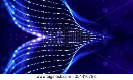 Blue Motion Design Background With Symmetrical Pattern. Abstract Sci-fi Background With Glow Particl