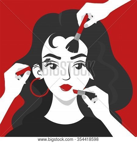 Many Hands Doing Make Up For A Beautiful Young Woman. Female Person Portrait. Hands Holding Lipstick