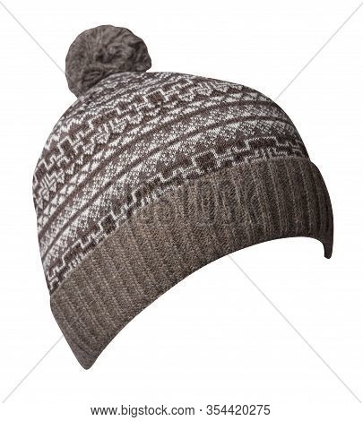Knitted Hakki White Hat Isolated On White Background.hat With Pompon .