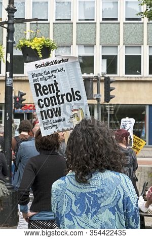 Bristol, Uk - June 10, 2017: A Protester Holds A Placard Calling For Rent Controls At A Demonstratio