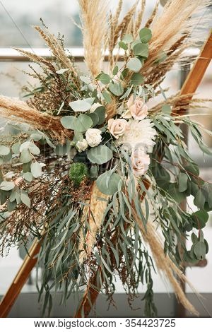 A Bouquet Of Roses Flowers, Chrysanthemum And Fluffy Pikelets In Rustic Style