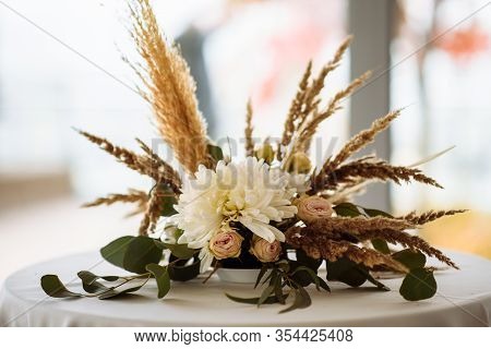 A Bouquet Of Roses Flowers, Chrysanthemum And Fluffy Pikelets In Rustic Style