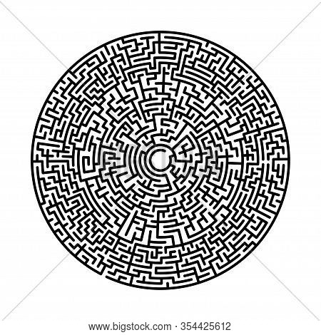 Difficult Circle Maze. Hard Round Vector Labirinth. Vector Black Circle Maze On White Background. Ed