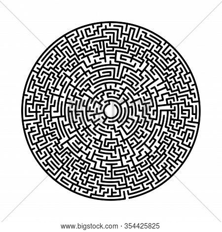 Difficult Circle Maze. Hard Round Vector Labirinth. Vector Black Circle Maze On White Background. Ed