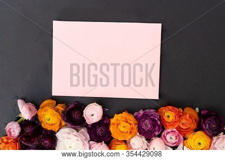 Red Buds Of Valentines Day Festive Flowers With Pink Card On Minimal Black Background