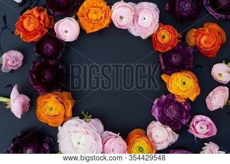 Ranunculus Flowers Frame On Minimal Black Background