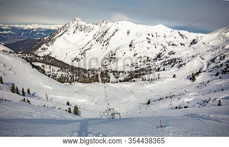 Snowy peaks, Planneralm skiing resort in winter,  Austrian Alps
