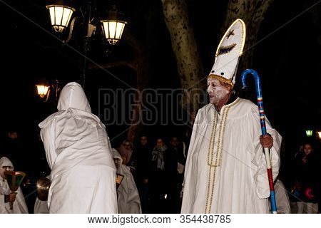 Puget-theniers, France - February 26, 2020: The Traditional Annual Parade Of White Penitents