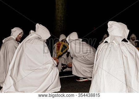 Puget-theniers, France - February 26, 2020: The Traditional Annual Parade Of White Penitents