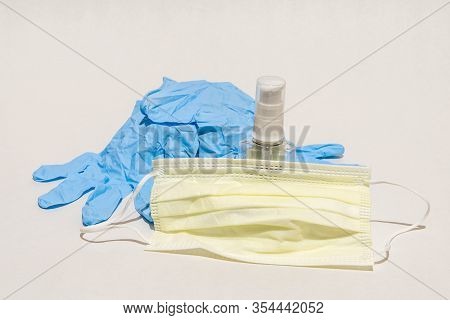Face Mask, Gloves, Hand Sanitizer Protective Gear Prevent Coronavirus Covid19 Disease Infection And 