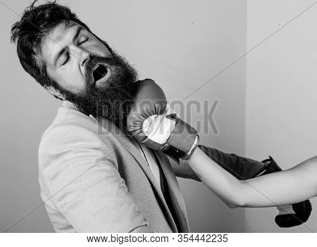 Bearded Man Hipster Defeated By Woman. Businessman Failed. Knockout Punching. Who Is Right. Strength