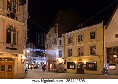 Tallinn, Estonia - January 12, 2018: Night Winter View Of The Old Buildings In The Historical Part O