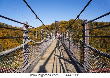 Osaka, Japan - 8 December 2019 : Suspension Bridge Surrounded By Ginkgo And Maple Trees In Hoshi No 