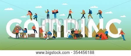 Camping Big White Letters Decorated With Camping People Figures Nature Background Horizontal Flat Ba