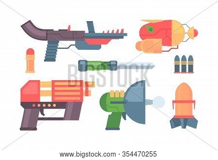 Futuristic Guns. Toys Colored Funny Weapons Handgun And Laser Blasters For Space Battles. Vector Pis
